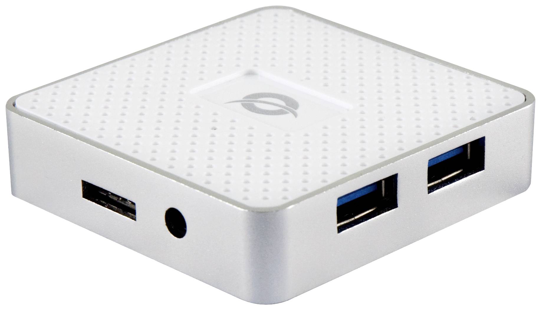 Ein quadratisches, weißes USB-Hub mit vier Anschlüssen an der Seite, geeignet für den Anschluss mehrerer USB-Geräte.