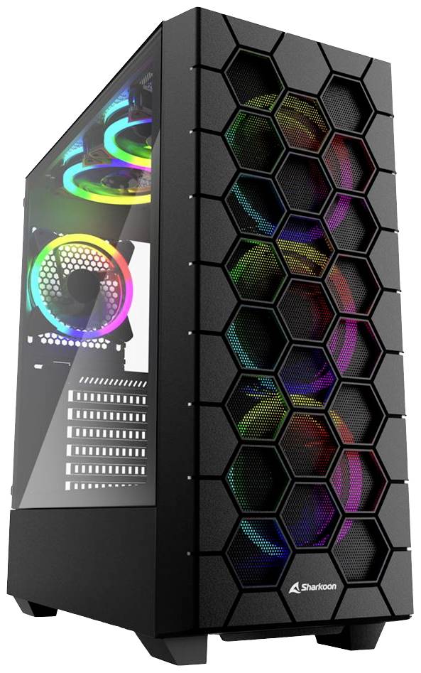 Gaming-PC-Gehäuse mit RGB-Beleuchtung und sechseckigem Gitterdesign auf der Vorderseite; transparentes Seitenfenster zeigt interne Komponenten.