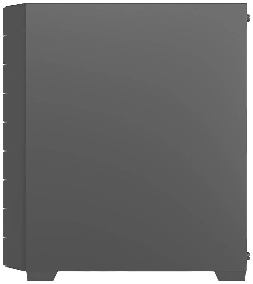 Ein schlichtes, graues Computergehäuse ohne sichtbare Marken- oder Designmerkmale. Es steht aufrecht und zeigt seine rechte Seite.