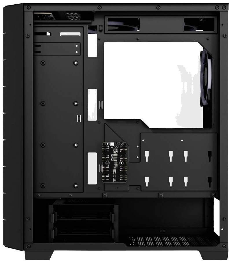Ein schwarzes Computergehäuse ohne Komponenten, zeigt Montagemöglichkeiten für Motherboard, Laufwerke und Lüfter.
