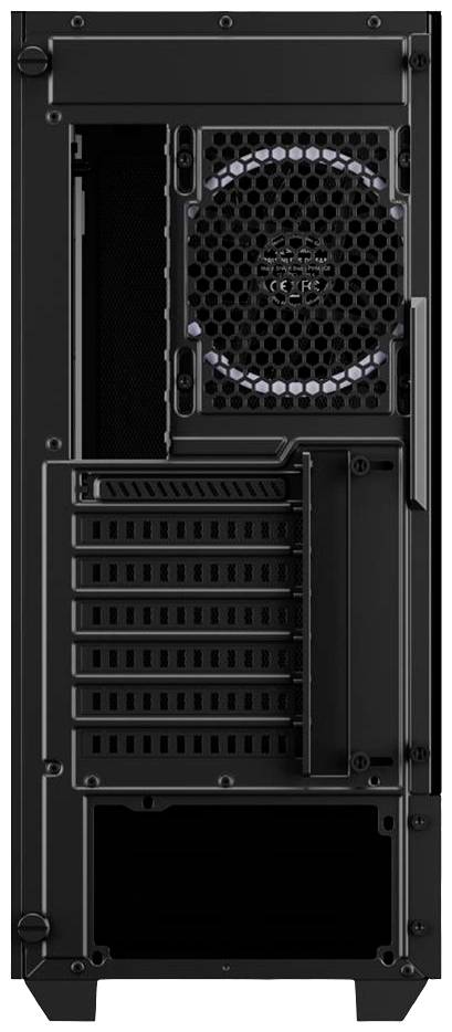 Ein schwarzes Computergehäuse von hinten, zeigt Lüftungsgitter, Lüfter und Erweiterungsschächte. Keine sichtbaren Kabel oder Anschlüsse.