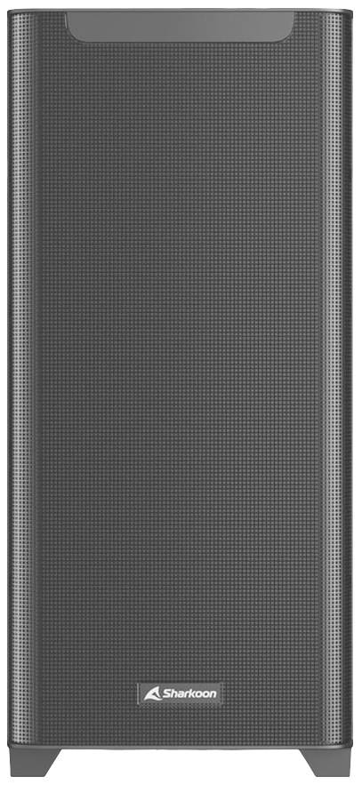 Ein schwarzes PC-Gehäuse von Sharkoon mit einem schlichten, modernen Design und einem feinen Gittermuster auf der Vorderseite.