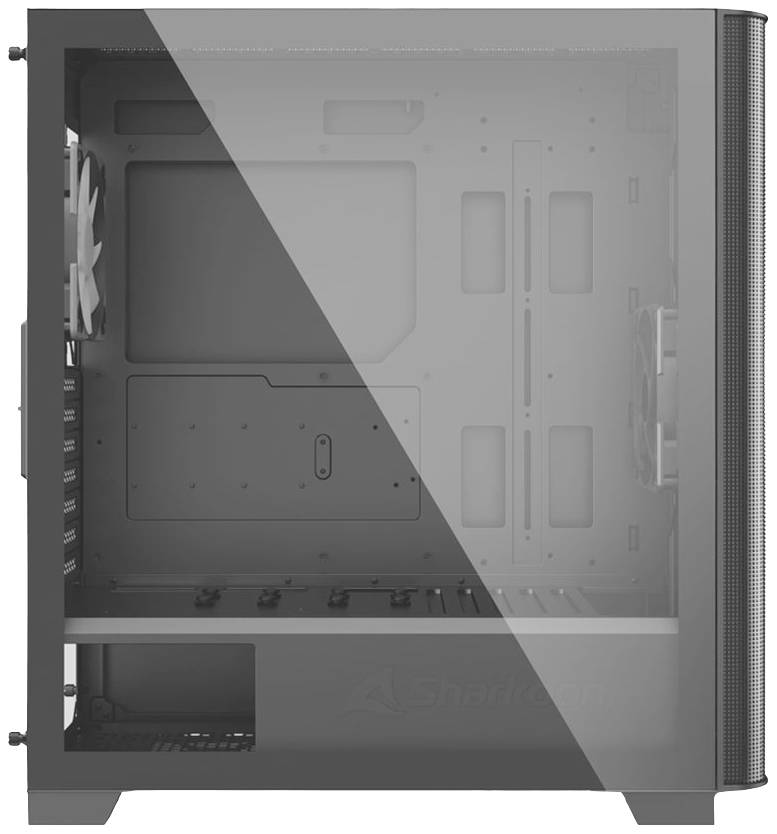 Schwarzer PC-Gehäuse mit transparentem Seitenfenster, Lüfter hinten sichtbar, bietet Platz für mehrere Komponenten und Kabelmanagement.