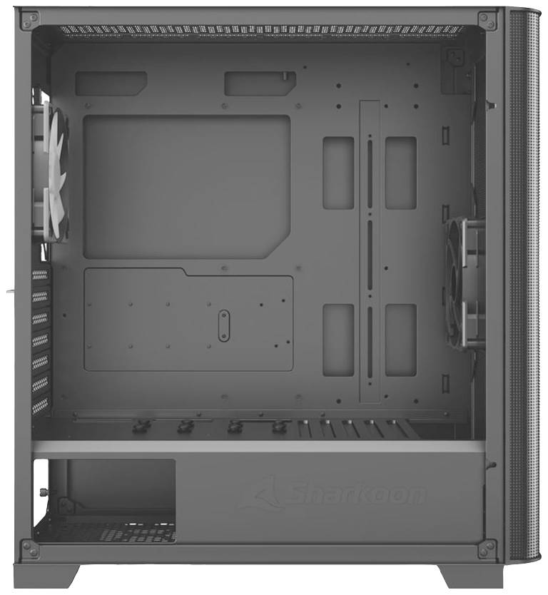 Gehäuse eines Computer-Towers in Grau, mit offenen Seitenteilen und sichtbaren Lüftermontageplätzen.