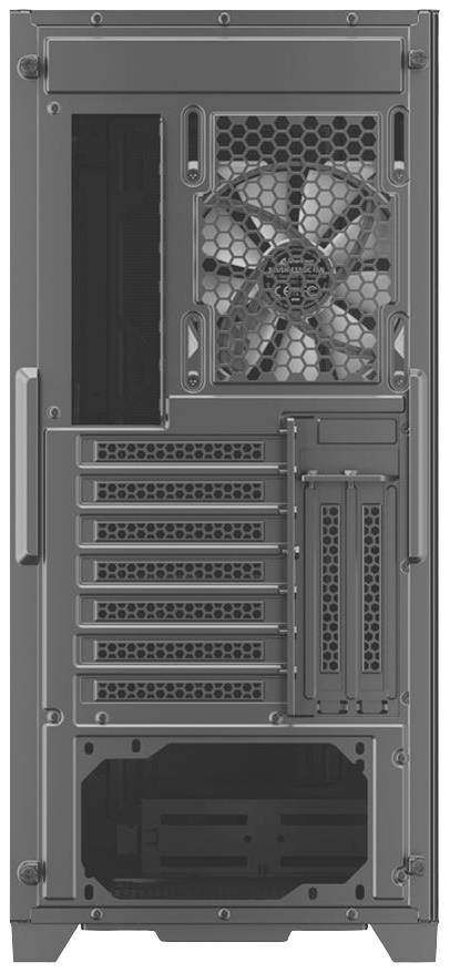 Rückansicht eines Computergehäuses mit mehreren Lüftungsschlitzen, einem Lüfter oben und Steckplätzen für Erweiterungskarten.