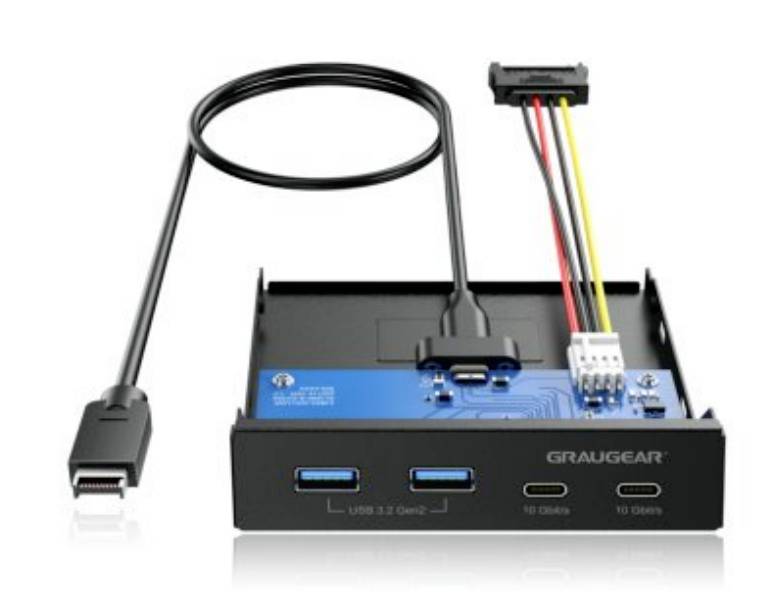 GRAUGEAR USB-Panel für PC-Gehäuse mit zwei USB 3.2 Gen2 Anschlüssen und SATA-Stromanschlusskabel zur einfachen Installation.
