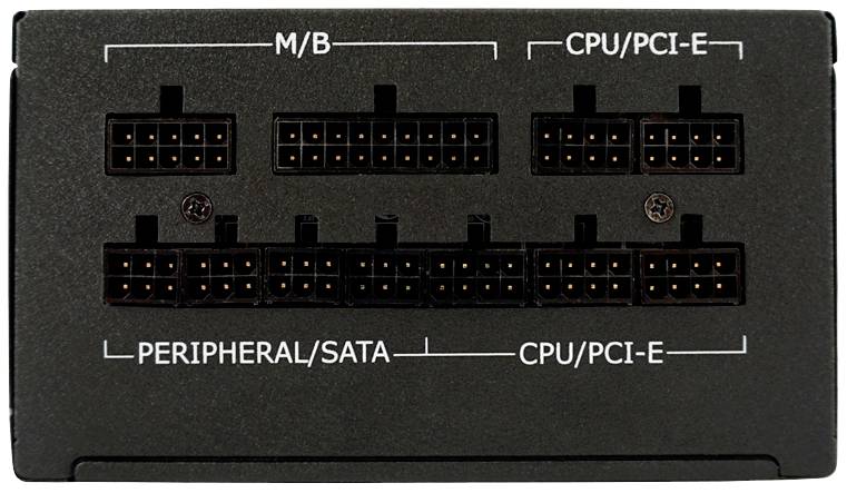 Rückseite eines Netzteils mit Anschlüssen für M/B (Motherboard), CPU/PCI-E und Peripherie/SATA.