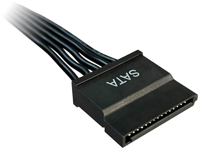 Schwarzes SATA-Datenkabel mit einem sechspoligen Anschluss, verwendet zum Verbinden interner Festplatten mit einem Computer.