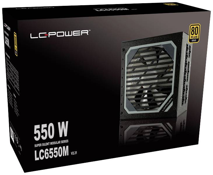 Schwarze Verpackung eines Netzteils mit der Aufschrift 'LC-Power 550 W LC6550M V2.31', zeigt ein Bild des Produkts mit Lüftergitter.
