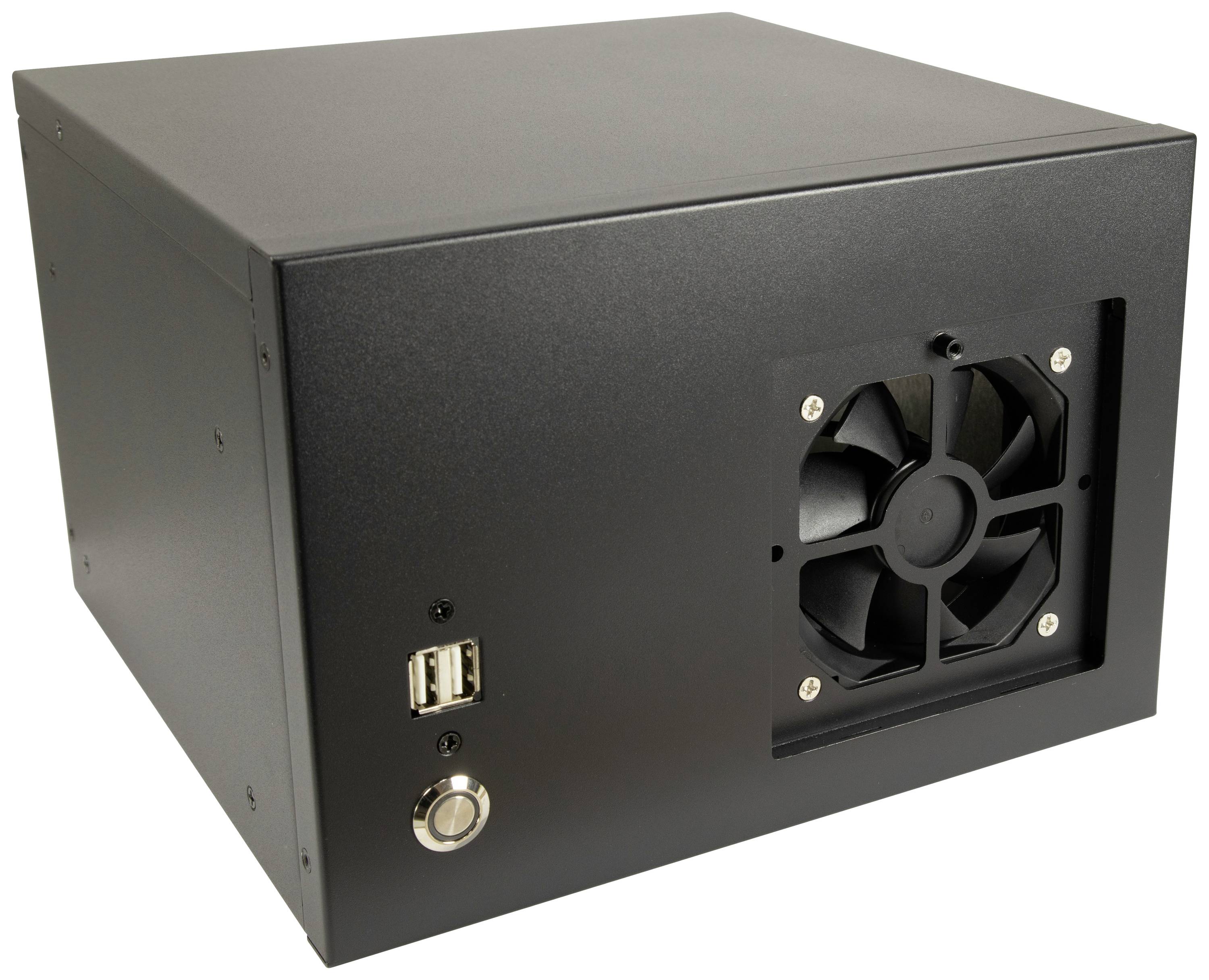 Schwarzes Computergehäuse mit sichtbarem Lüfter und USB-Anschlüssen an der Vorderseite. Geeignet für Hardware-Montage und Kühlung.
