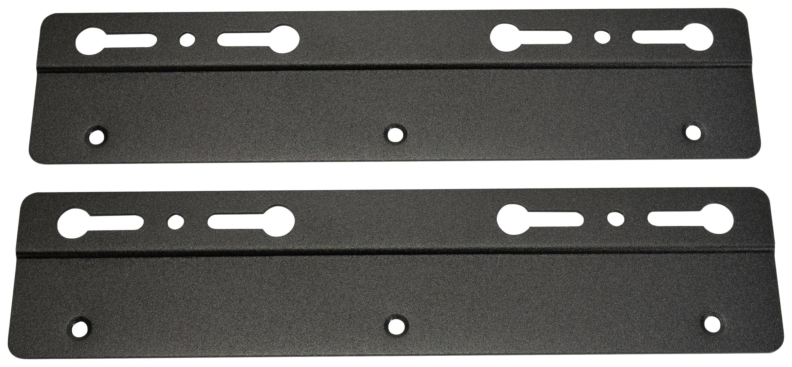 Zwei schwarze Metallplatten mit mehreren Löchern und Schlitzen, vermutlich Halterungen zur Wandmontage oder Befestigung anderer Objekte.