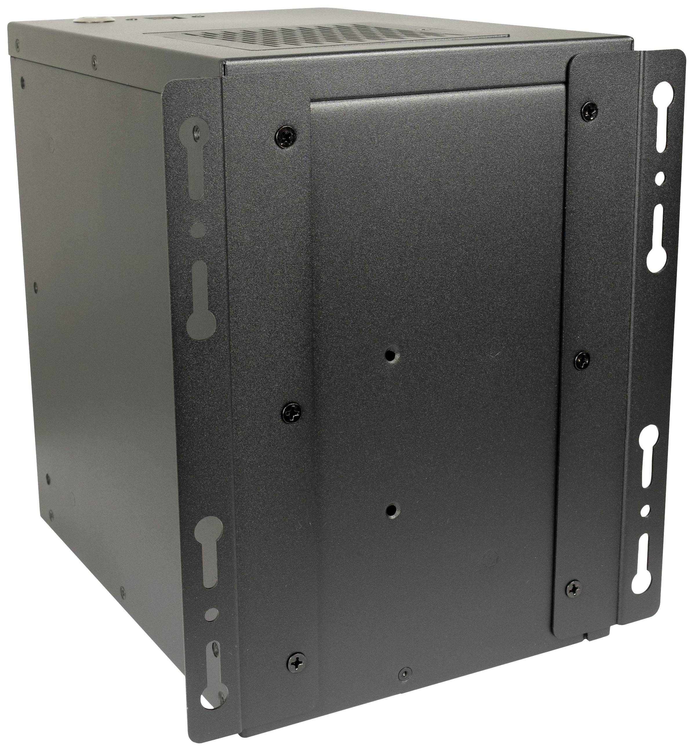 Ein schwarzes, rechteckiges Metallgehäuse mit Lüftungsschlitzen oben und Montagebohrungen an den Seiten.