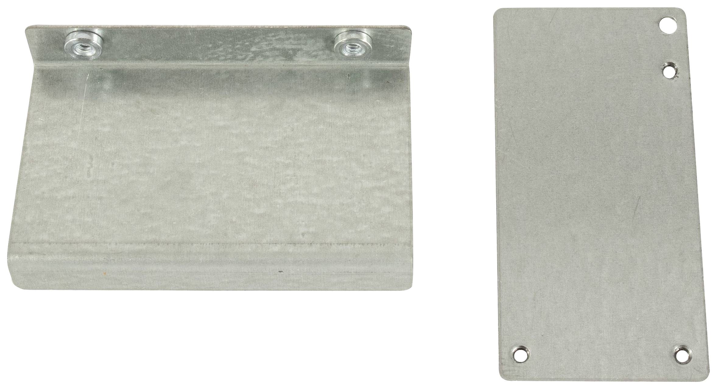 Metallwinkel mit zwei Schraubenlöchern links und rechteckige Metallplatte mit zwei Löchern rechts, beide aus grauem Metall.
