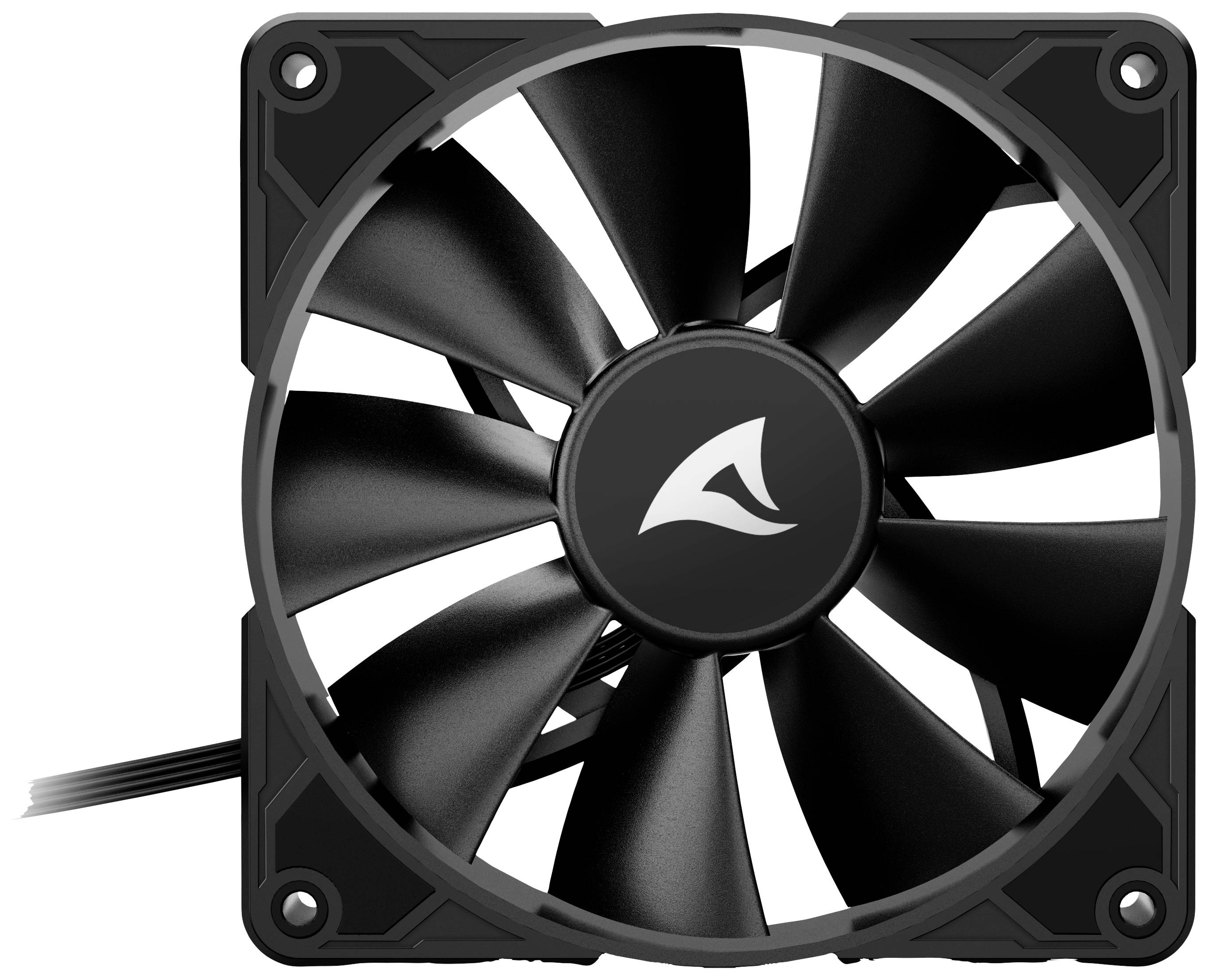 Ein schwarzer Computerlüfter mit neun Flügeln, quadratischem Rahmen und Kabel. Im Zentrum befindet sich ein stilisiertes Logo.