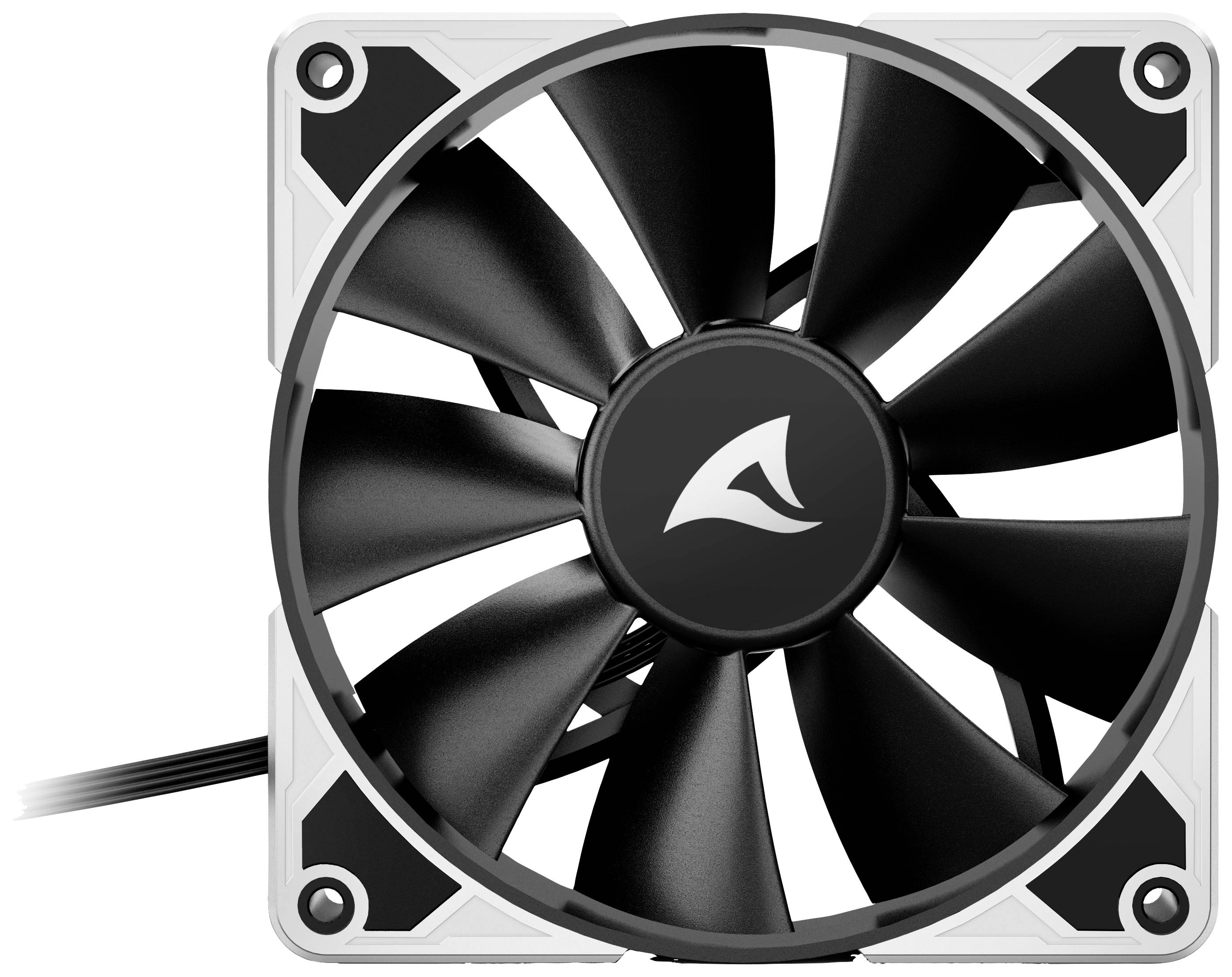 Schwarzer PC-Lüfter mit sieben Blättern in einem weißen Rahmen, zentrale Logo-Platzierung, Kabel links.