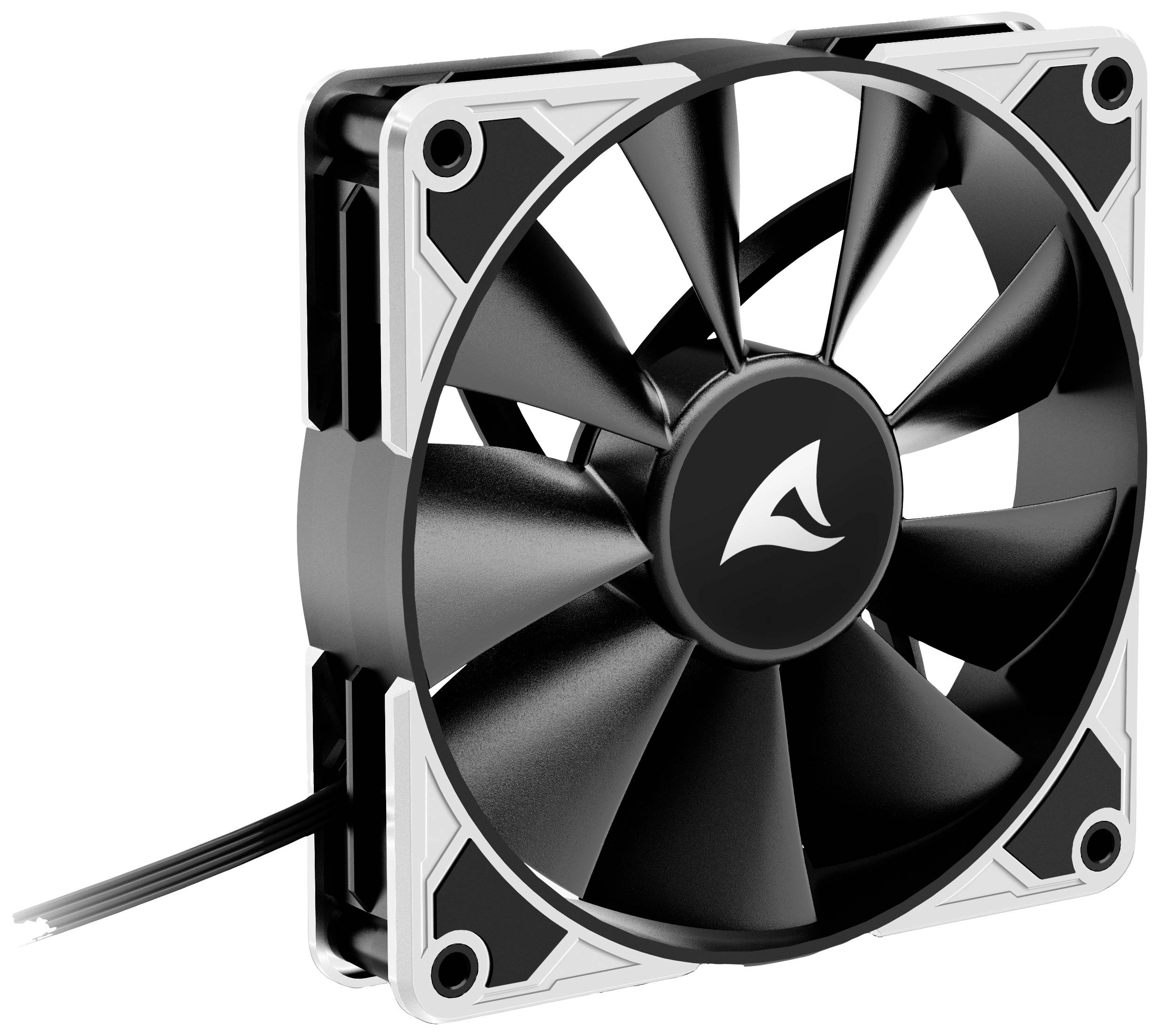 Ein schwarzer Computerlüfter mit neun Blättern und einem weißen Kunststoffrahmen, geeignet zur Kühlung von Computergehäusen.
