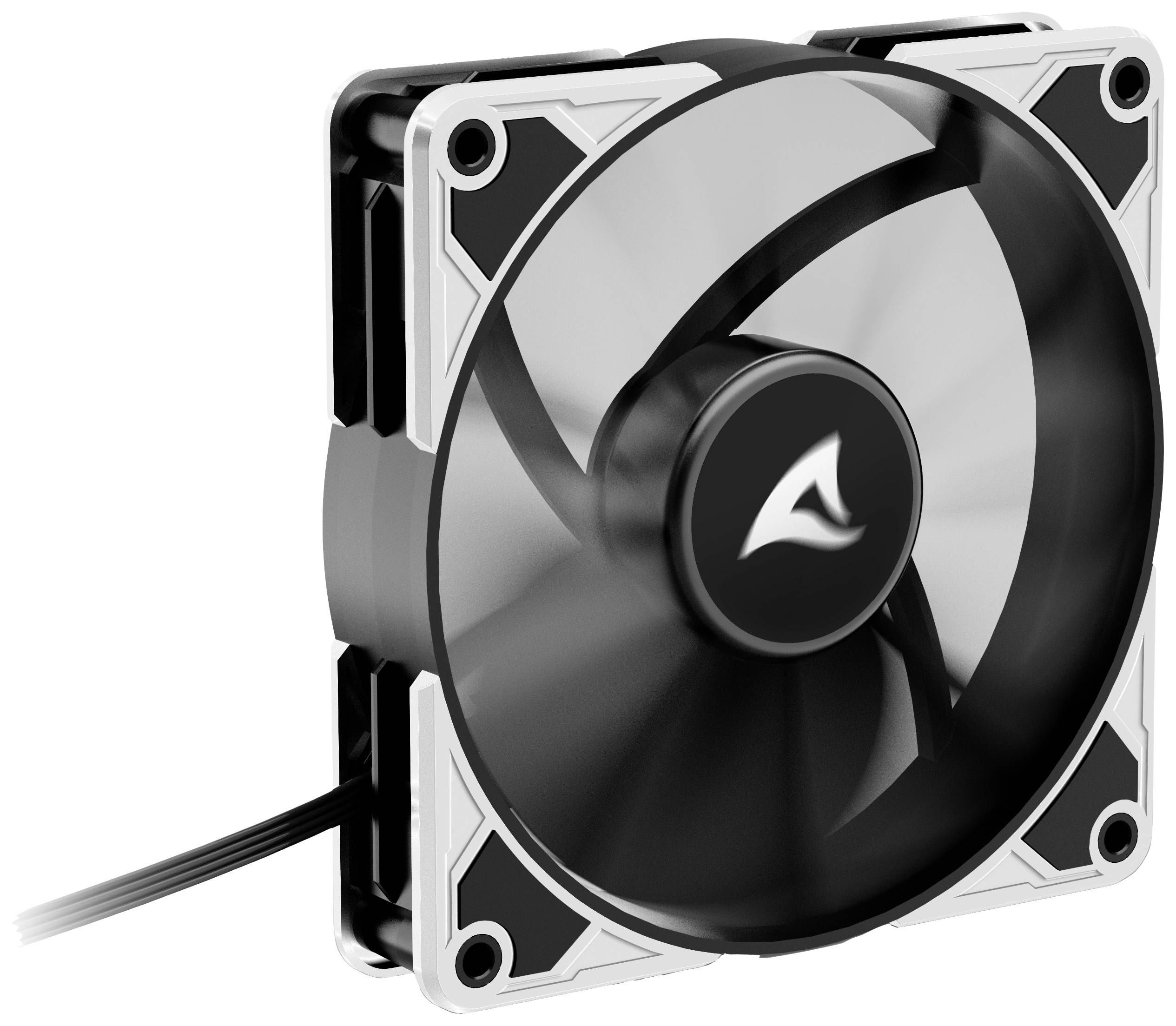 Ein schwarzer Computerlüfter mit transparenten Flügeln in einem silbernen Rahmen, geeignet zur Kühlung von PC-Komponenten.
