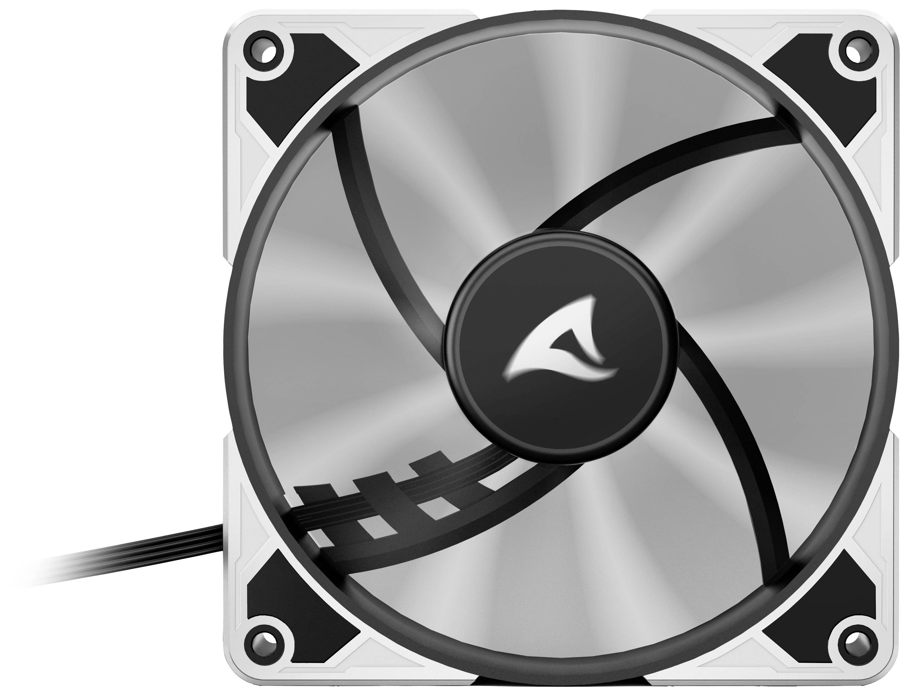 Ein Computerlüfter in grauen Farbtönen, mit einem zentralen Logo, vor weißem Hintergrund.