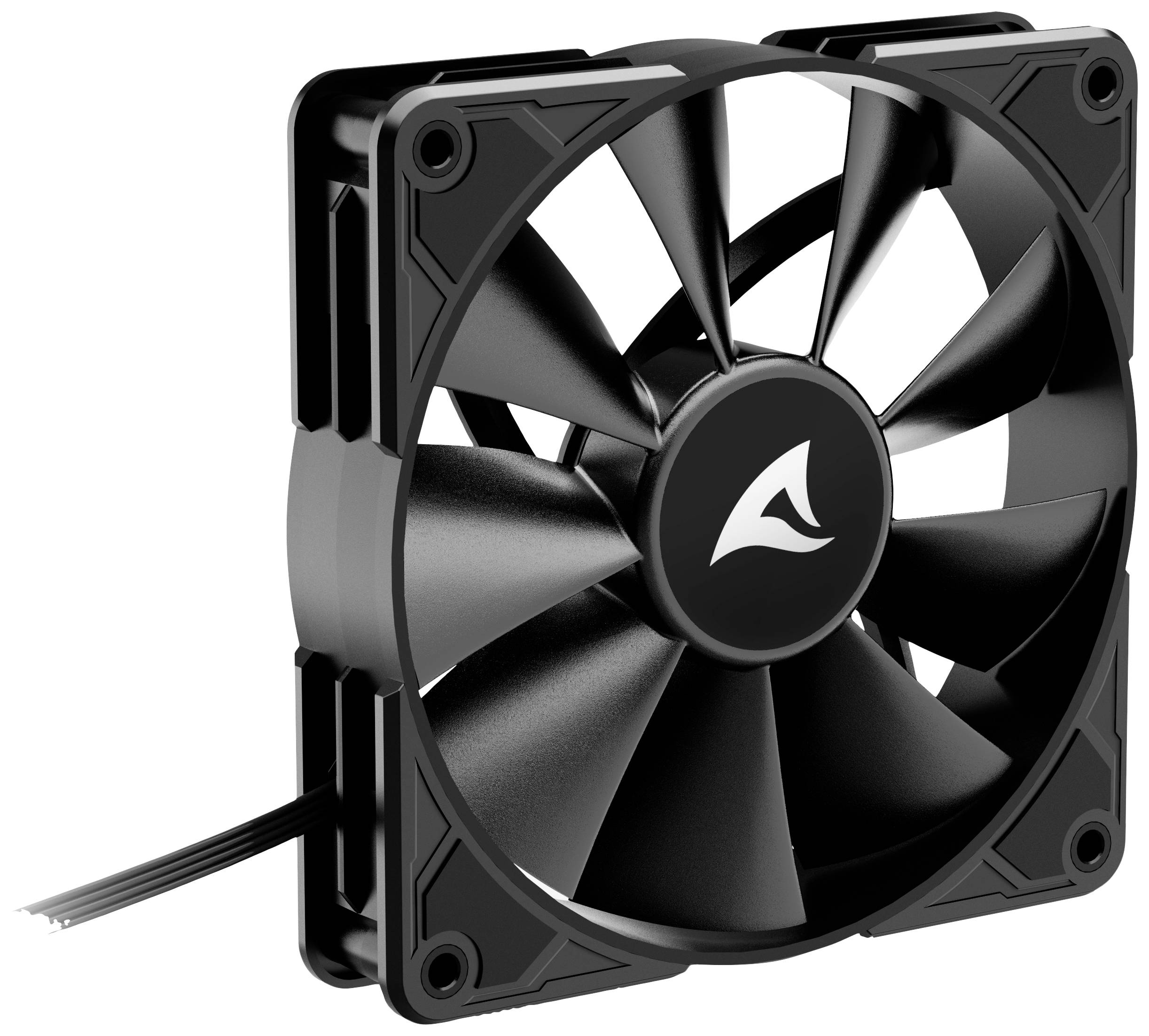 Ein schwarzer Computerlüfter mit sechs Rotorblättern, Kabel auf der linken Seite.