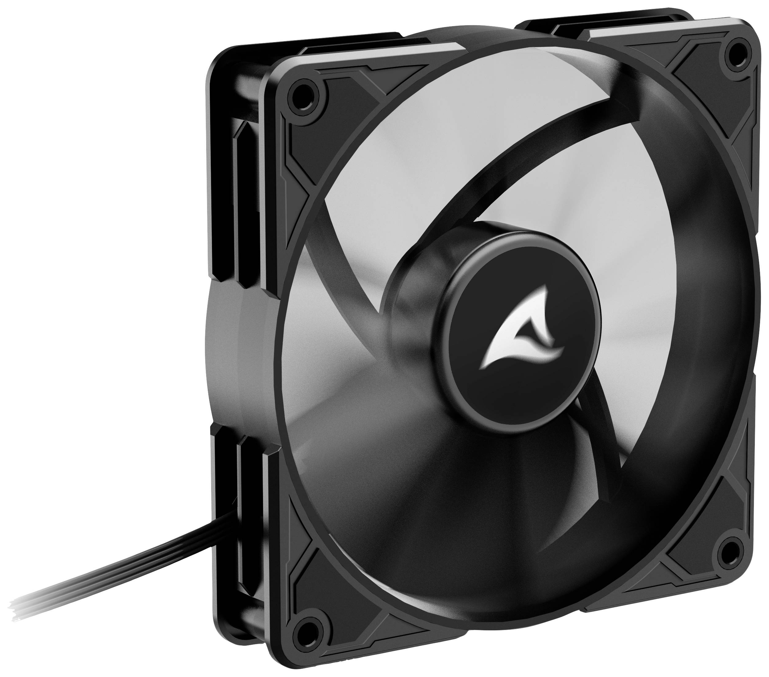 Schwarzer Computer-Lüfter mit schwarzem Rahmen und transparenten Flügeln. Auf der Nabe befindet sich ein Logo.