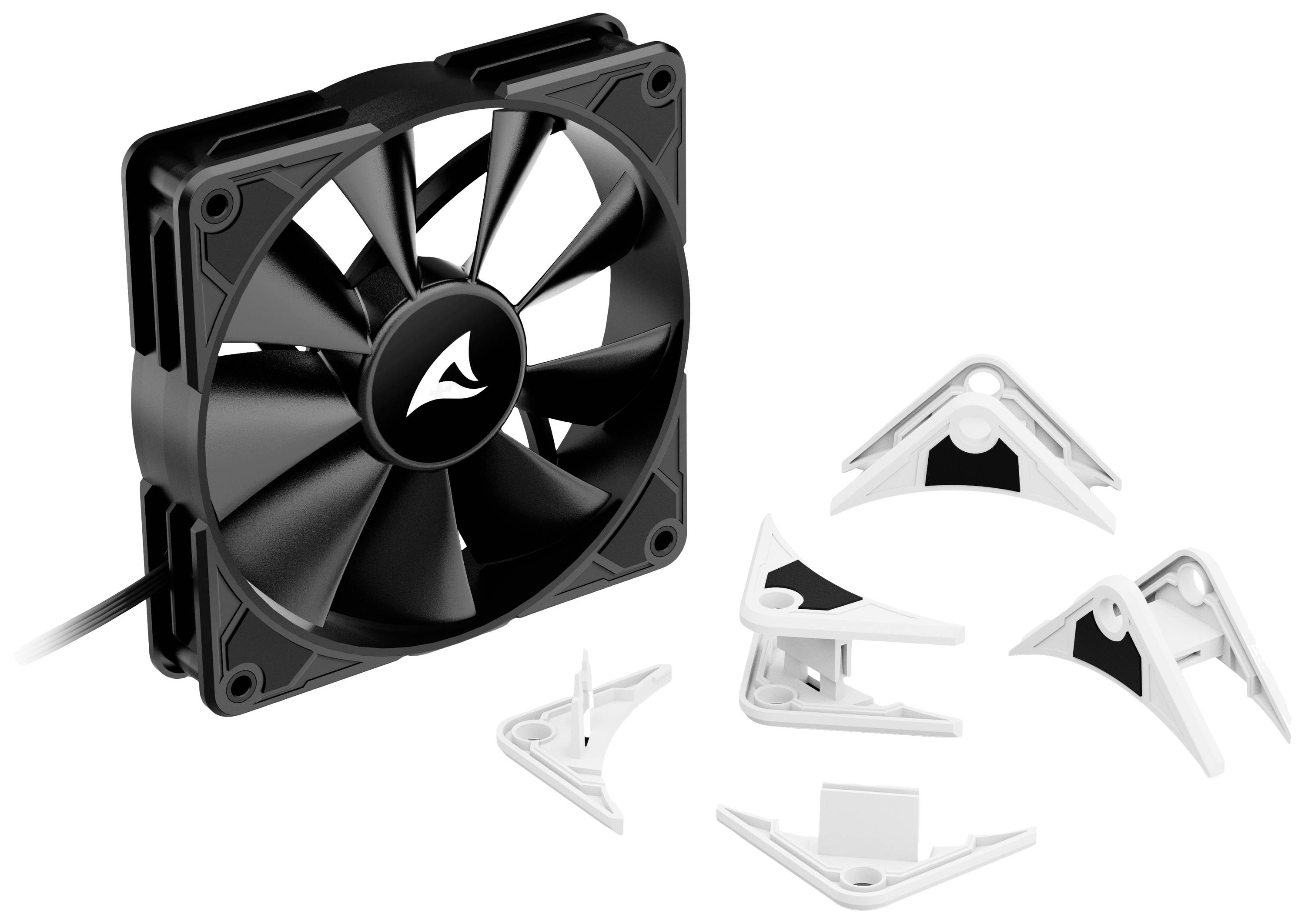 Schwarzer Computerlüfter mit Kabel und fünf abnehmbare weiße Ecken liegen daneben, dient zur Anpassung des Lüfters an verschiedene Gehäuse.