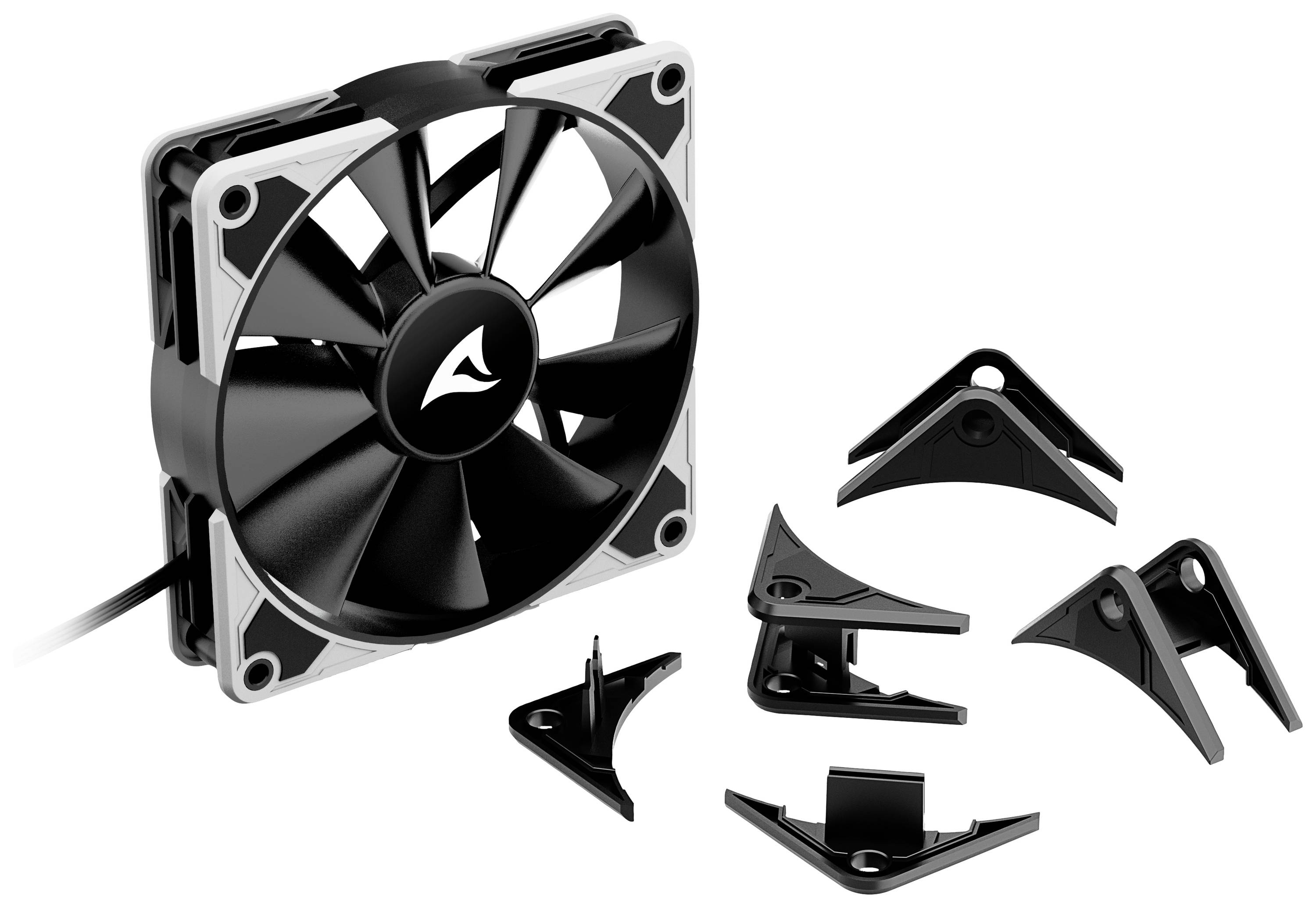 Schwarz-Weißer Computerlüfter mit abnehmbaren Ecken, kabelgebunden, auf weißem Hintergrund. Zubehörteile liegen daneben.