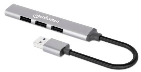 USB-Hub mit drei Anschlüssen und USB-Stecker. Silberfarbenes Gehäuse, geeignet für Erweiterung von USB-Geräten an Computern.