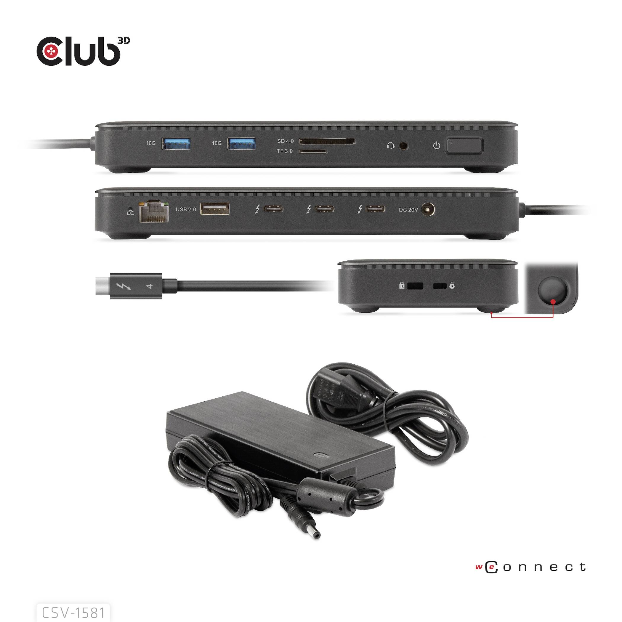 'Club 3D CSV-1581' USB-C-Dockingstation mit mehreren USB-, HDMI- und Ethernet-Anschlüssen. Beinhaltet Netzteilkabel.