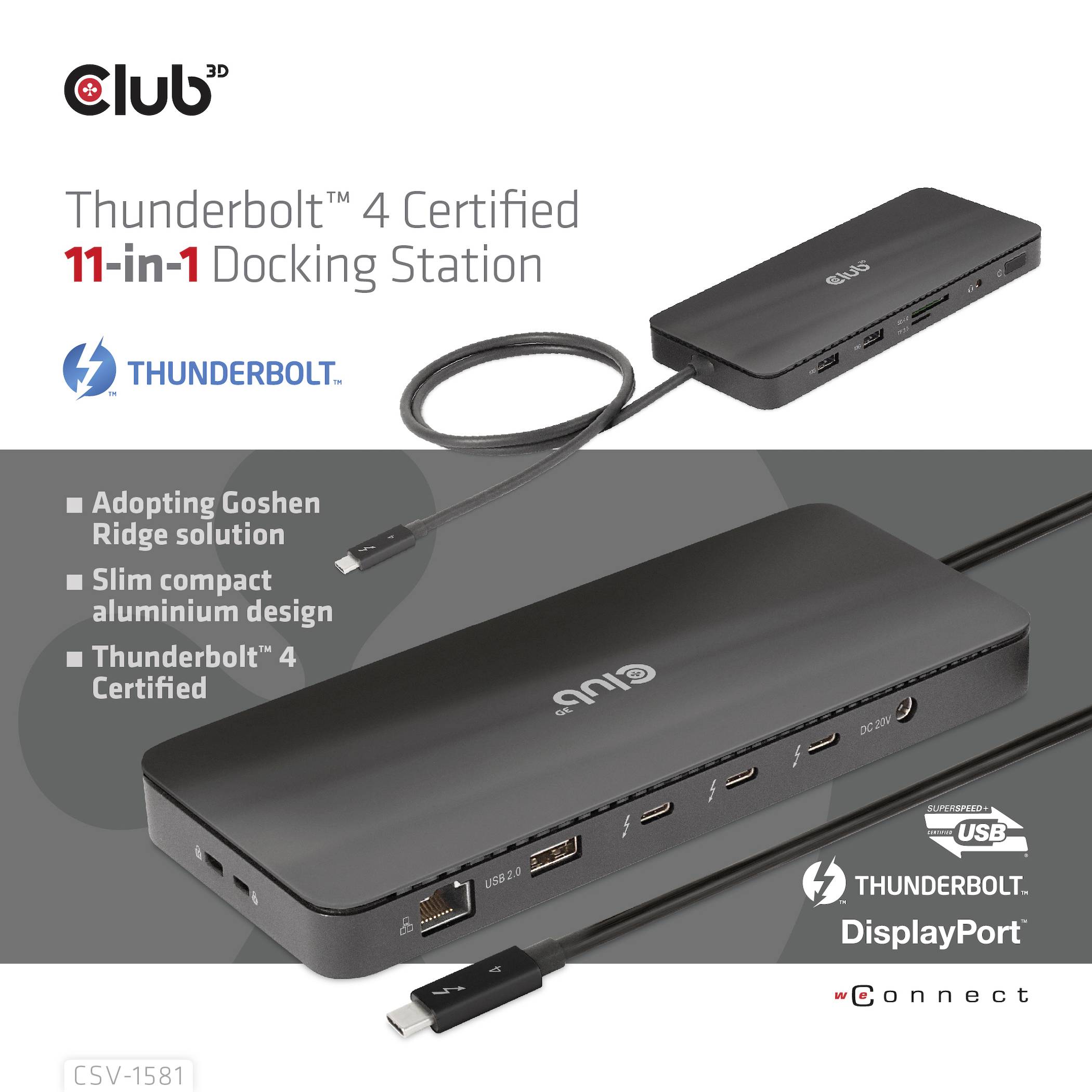 Thunderbolt 4 Dockingstation, 11-in-1, mit mehreren Anschlüssen und schlankem Design. Unterstützt Thunderbolt, DisplayPort und Power Delivery.