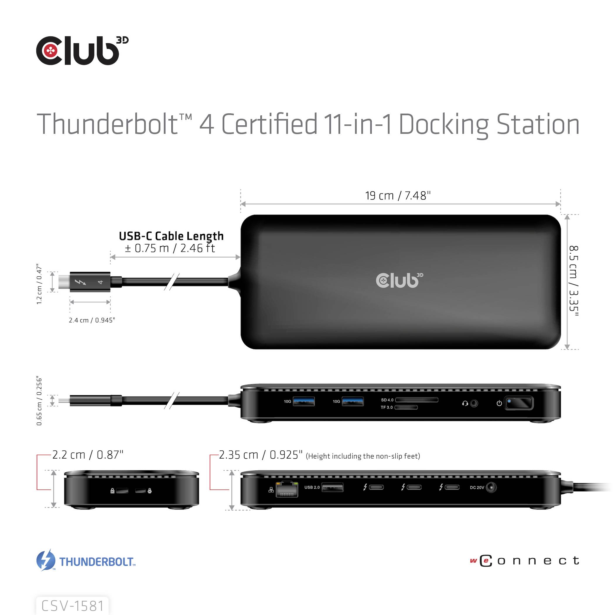 Docking Station mit Thunderbolt 4, bietet 11 Anschlüsse. Abmessungen: 19 cm x 8,4 cm. USB-C-Kabel: 1 m. Mehrere Ports für diverse Geräte.