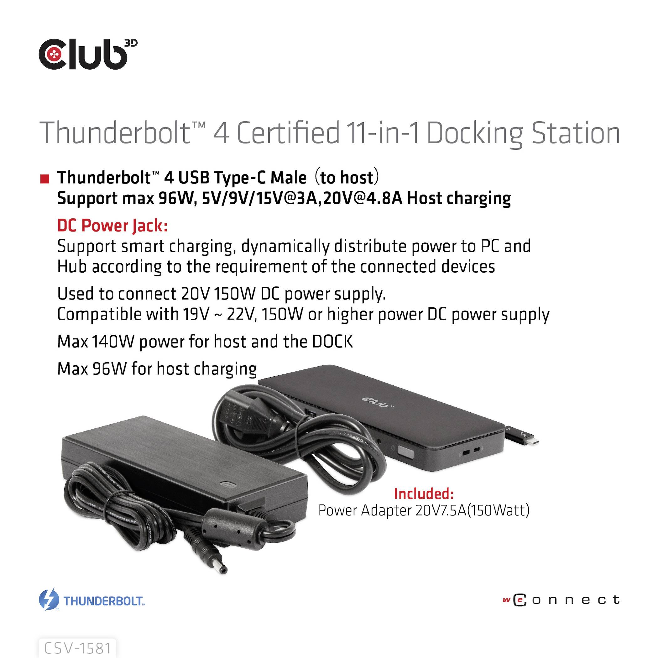 'Thunderbolt™ 4 Certified 11-in-1 Docking Station' bietet vier USB Type-C-Anschlüsse, unterstützt schnelles Laden und enthält ein Netzteil.