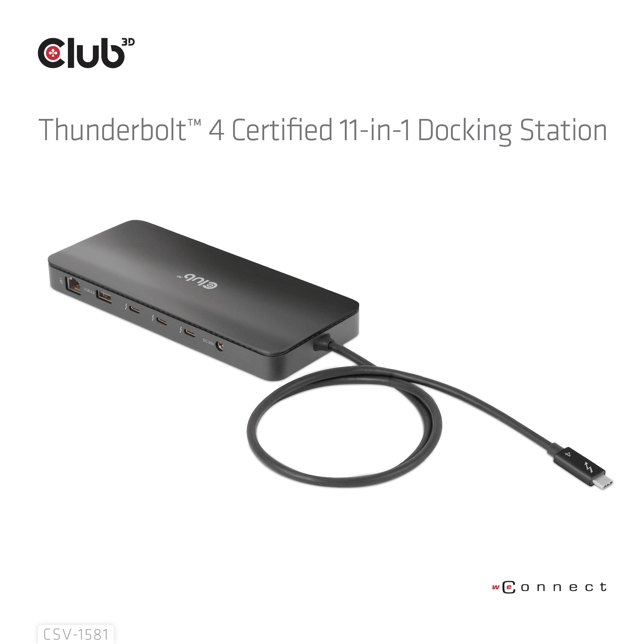 Eine schwarze Dockingstation mit Thunderbolt 4 Zertifizierung, 11 Anschlüssen und einem Kabel. Text: 'Thunderbolt 4 Certified 11-in-1 Docking Station'.