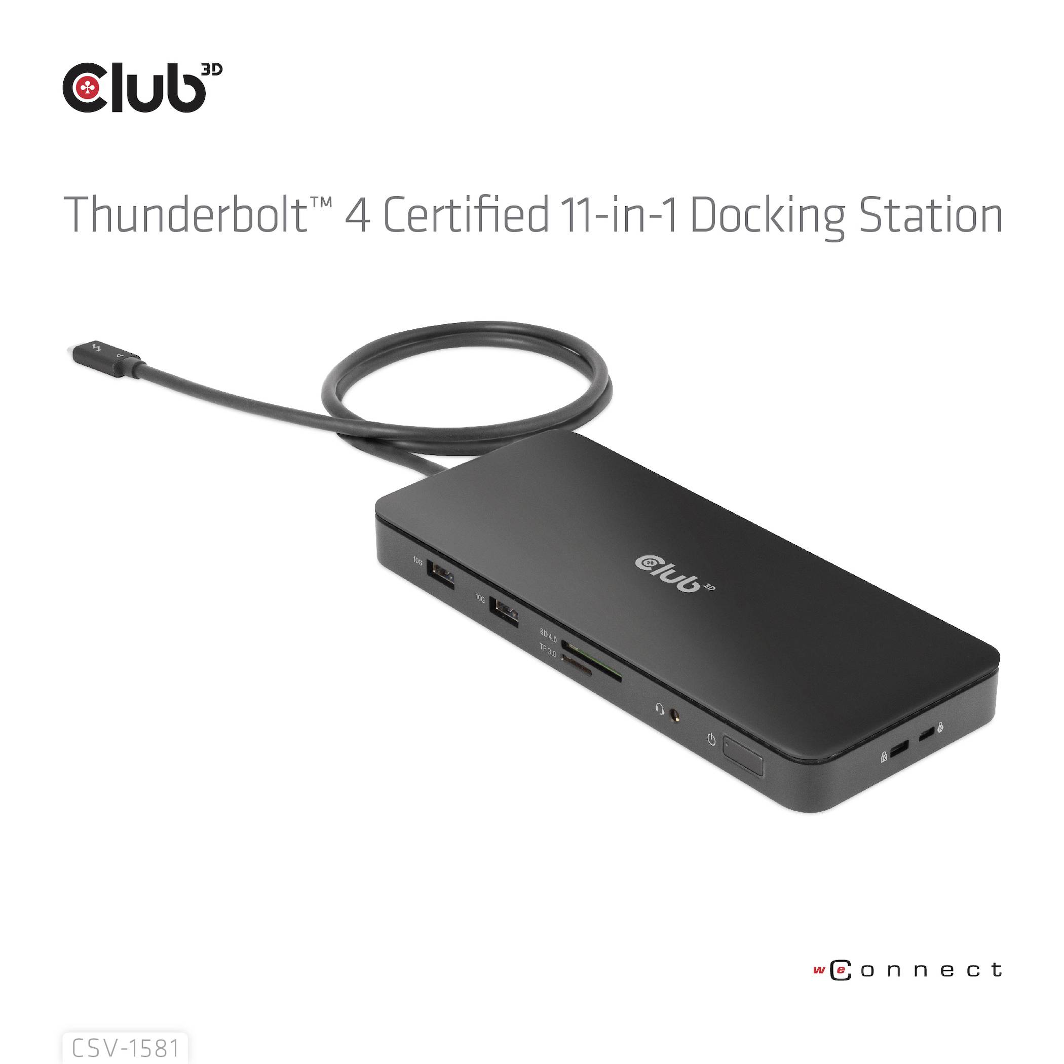 Thunderbolt 4 Zertifizierte 11-in-1 Docking Station von Club3D mit mehreren Anschlüssen und Kabel.