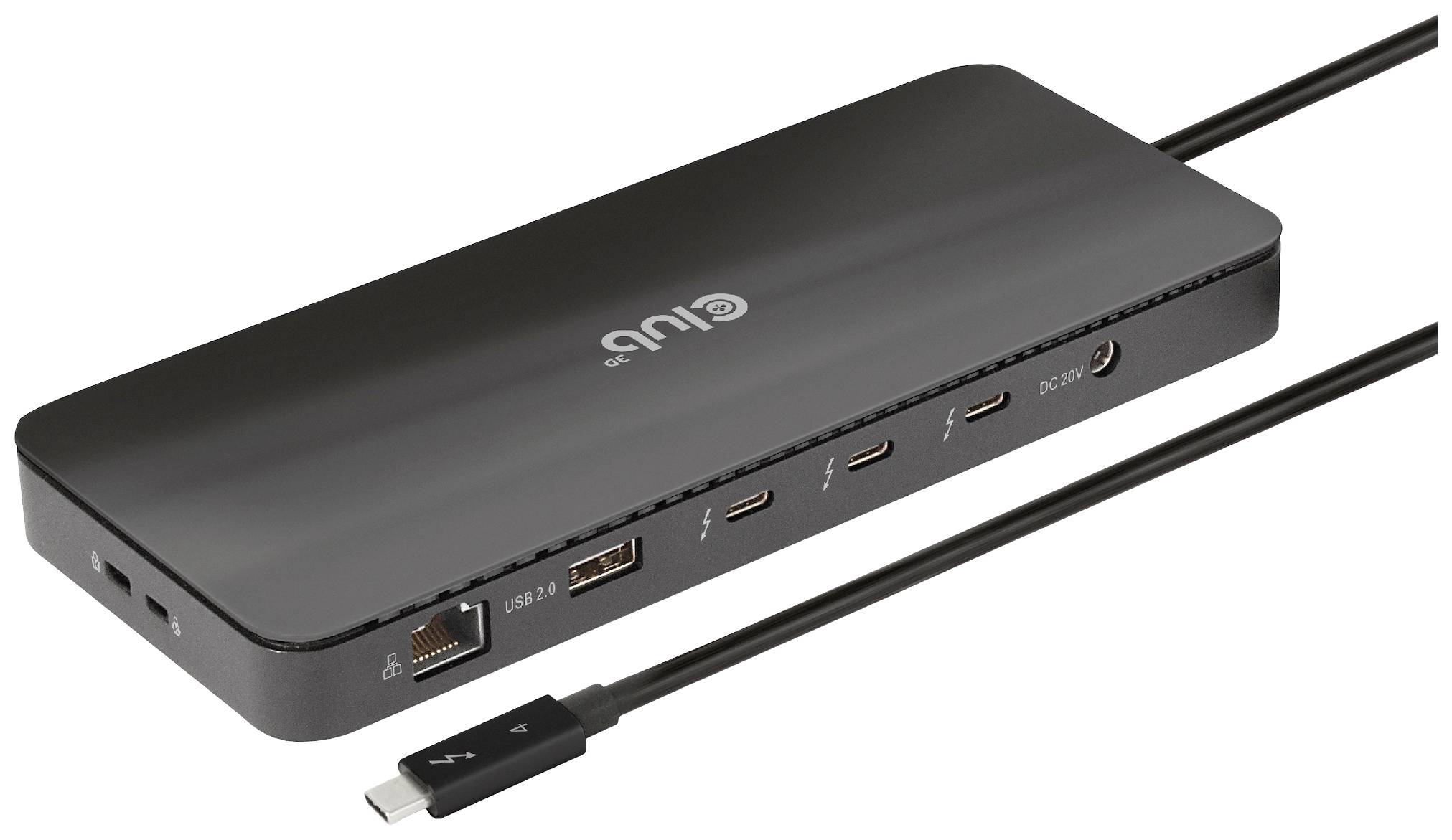 Ein schwarzes USB-C-Dock mit mehreren Anschlüssen, darunter USB, HDMI, Ethernet und Audio, bietet vielseitige Konnektivitätsoptionen.