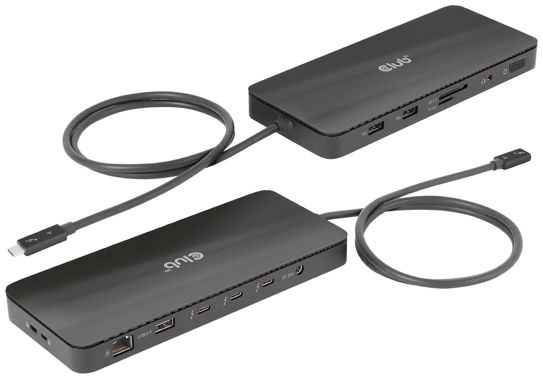 Dockingstation mit zwei USB-C-Kabeln, mehreren HDMI- und USB-Anschlüssen zum Verbinden verschiedener Geräte.