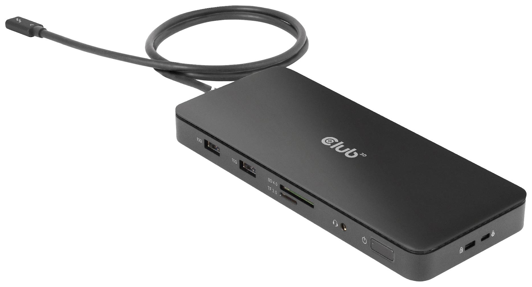 Schwarze USB-C-Dockingstation mit mehreren Anschlüssen: USB, HDMI und Kartenleser, geeignet für erweiterte Konnektivität eines Computers.