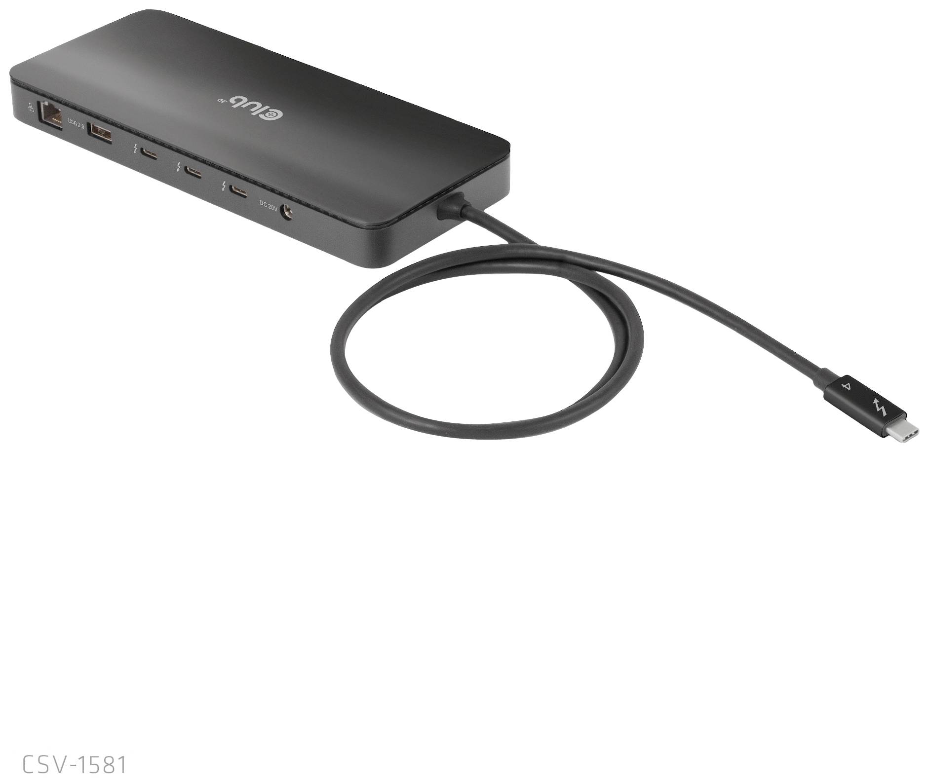 Schwarze USB-C-Dockingstation mit mehreren Anschlüssen, einschließlich HDMI, USB und Ethernet. Kabel links angeschlossen.
