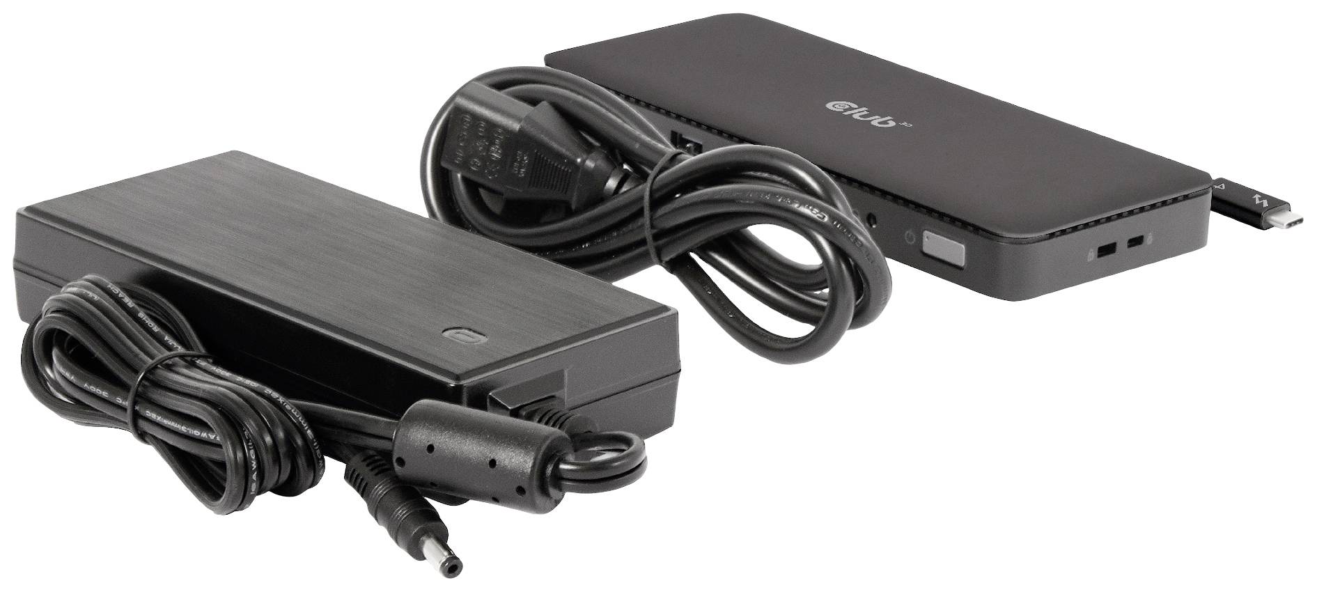 Zwei schwarze Laptop-Dockingstationen mit jeweils einem angeschlossenen Kabel. Links eine größere, rechts eine schlankere Station.