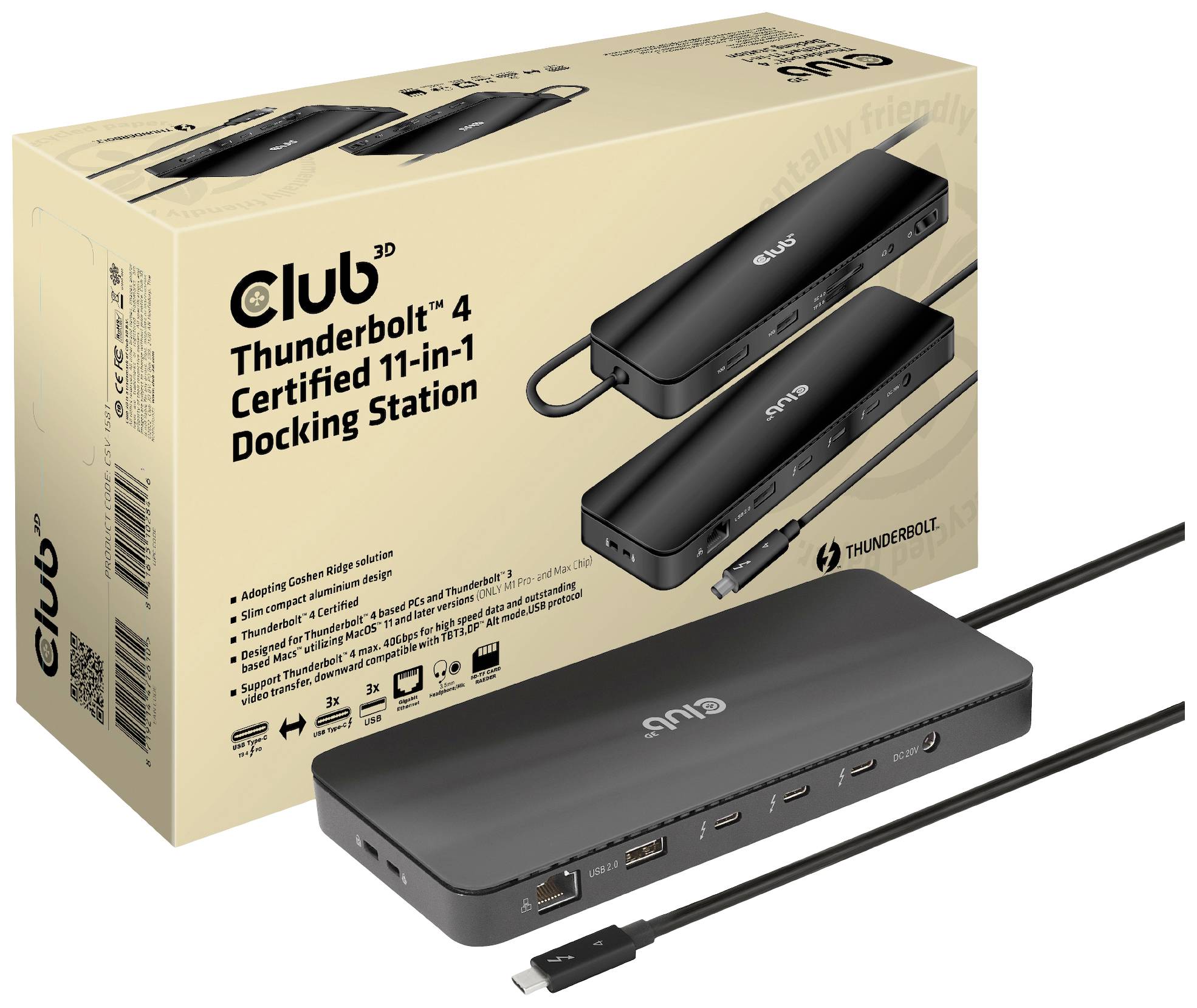 'Club 3D Thunderbolt 4 Certified 11-in-1 Docking Station' Verpackung und Produkt. Zeigt die Dockingstation mit Anschlüssen und Kabel.