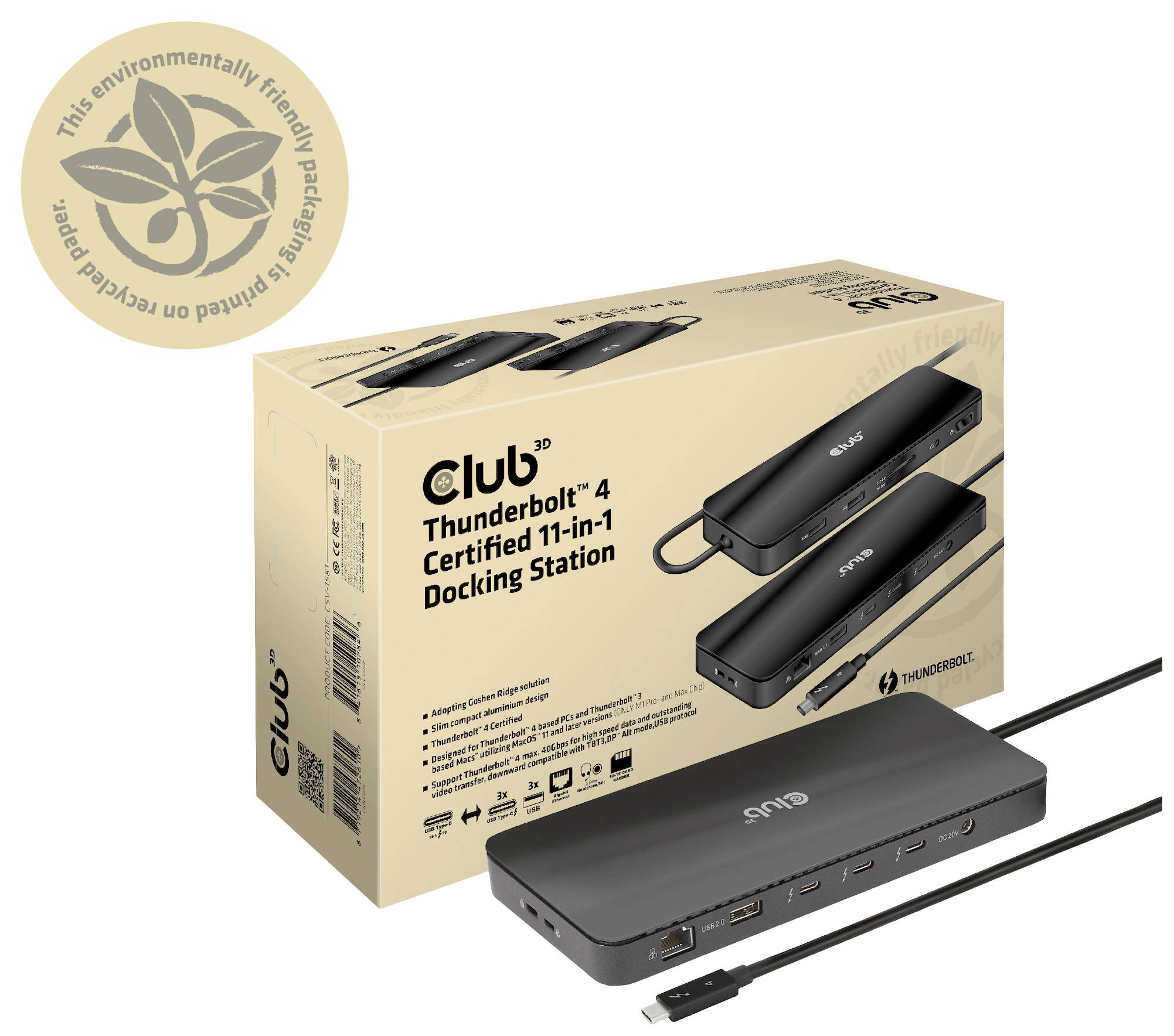 Verpackung und Produktansicht einer Thunderbolt 4-zertifizierten Dockingstation mit 11 Anschlüssen von Club. Umweltfreundliches Logo oben links.