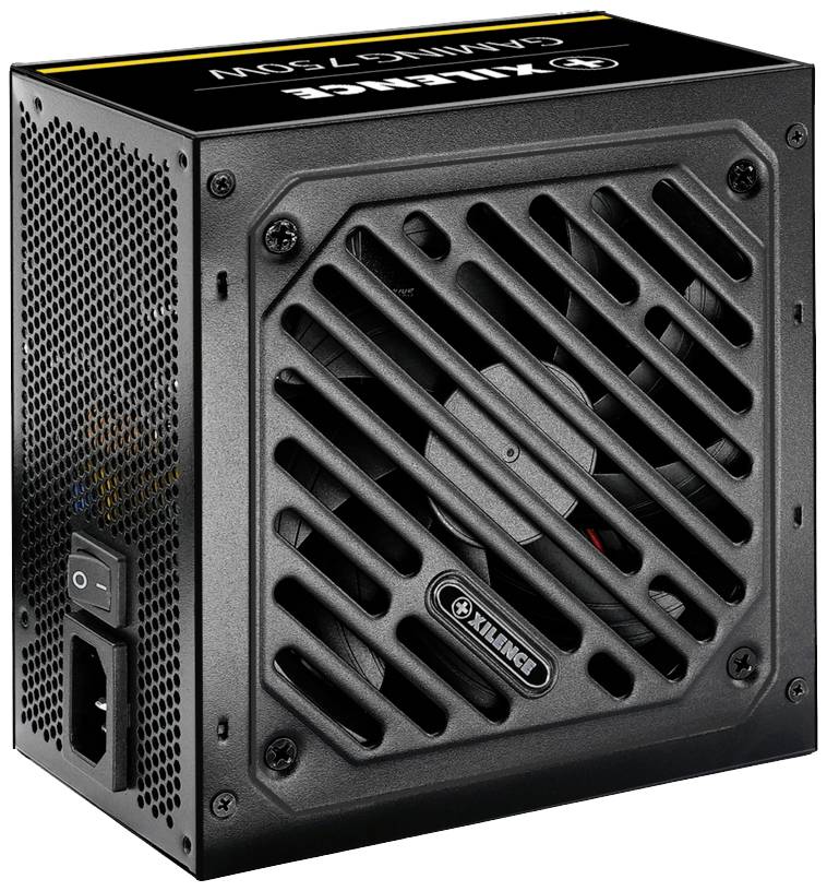 Ein schwarzes PC-Netzteil mit Lüftungsgitter auf der Vorderseite und einem Kippschalter auf der Rückseite. Modell 'Xilence Gaming 750W'.