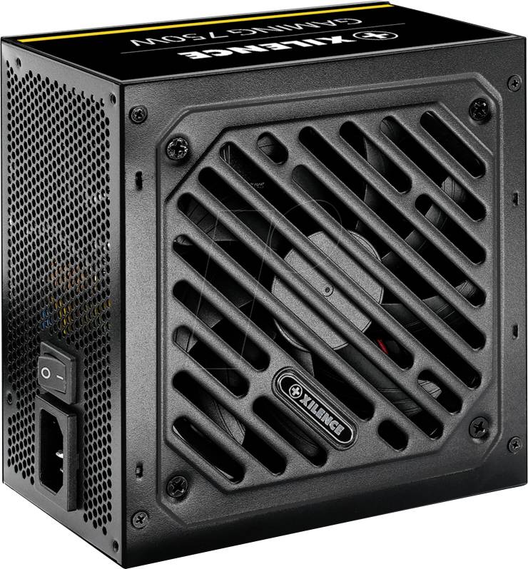 Netzteil für Computer mit schwarzem Gehäuse, Lüftergitter und Leistungsangabe 'Gaming 750W' auf der Verpackung.