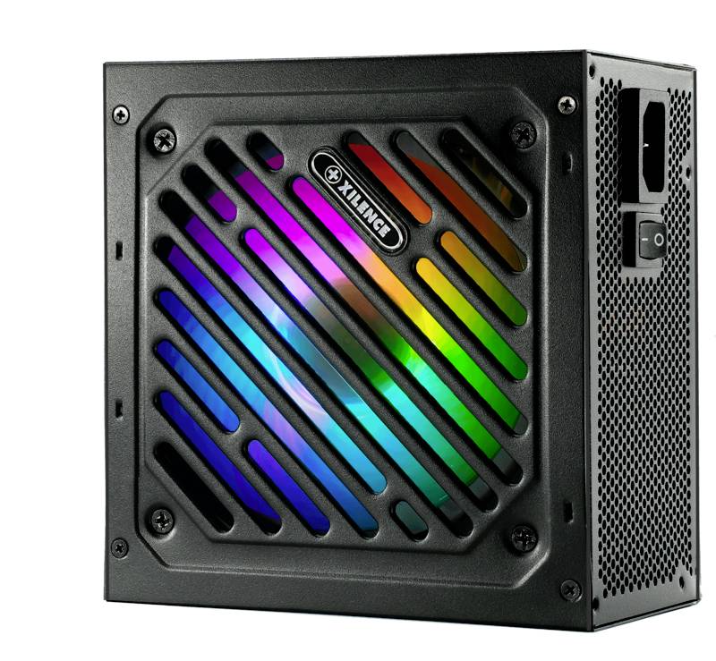 Schwarzes Computernetzteil mit Regenbogen-LED-Beleuchtung, sichtbaren Lüftungsschlitzen und Netzkabelanschluss auf der rechten Seite.