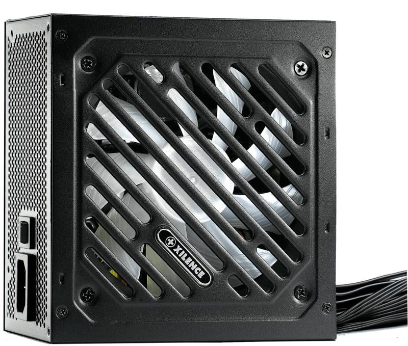 Schwarzes Computer-Netzteil mit Lüftergitter, Kabelbündel auf der rechten Seite, geeignet für PC-Stromversorgung.