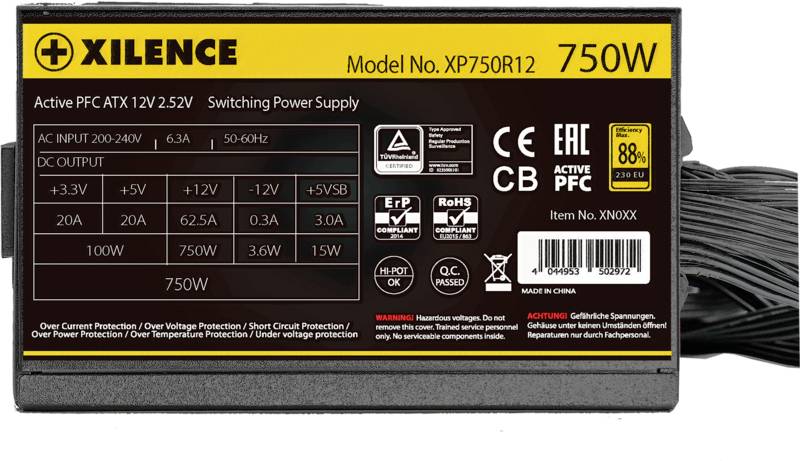 'XILENCE Model No. XP750R12 750W Active PFC ATX 12V 2.52V Switching Power Supply' mit Spezifikationen zu Ein- und Ausgängen.