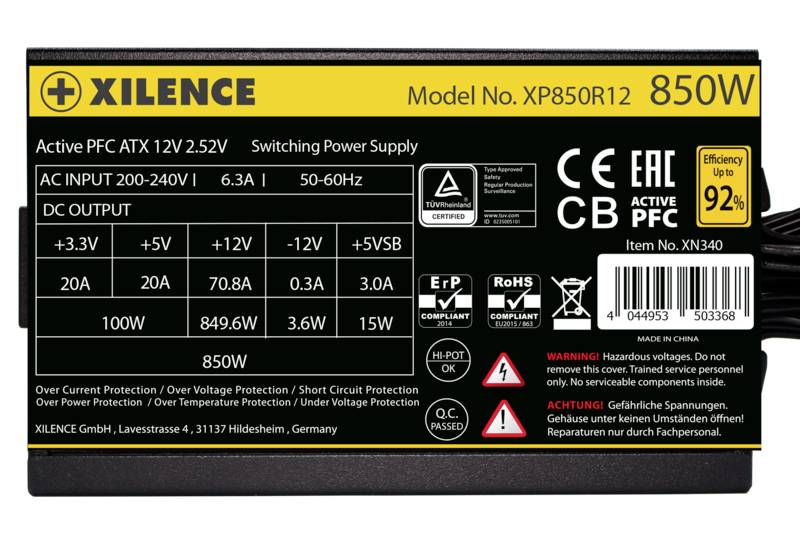 Stromversorgungsetikett von Xilence mit Modellnummer XP850R12, 850W. Details zu Eingangs- und Ausgangsstrom, Zertifizierungen und Warnhinweise.