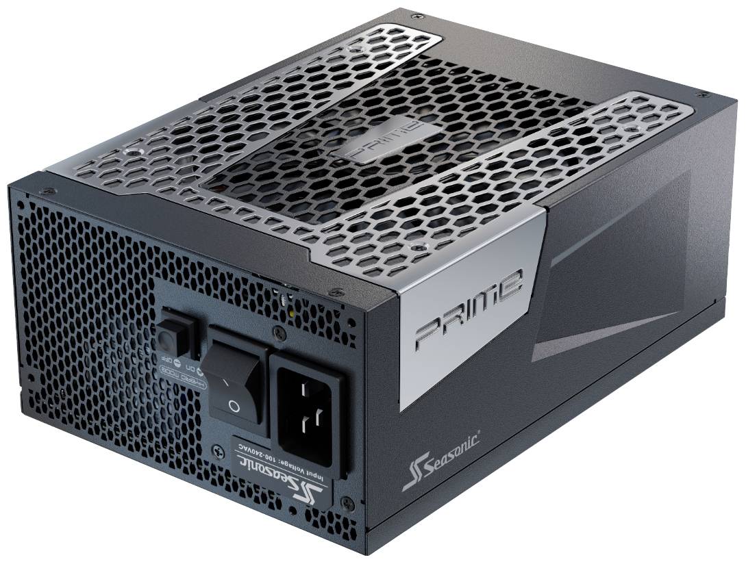 Schwarzes Netzteil der Marke Seasonic mit Lüftungsgitter und Power-Schalter. Modellbezeichnung 'PRIME'. Geeignet für Computer.