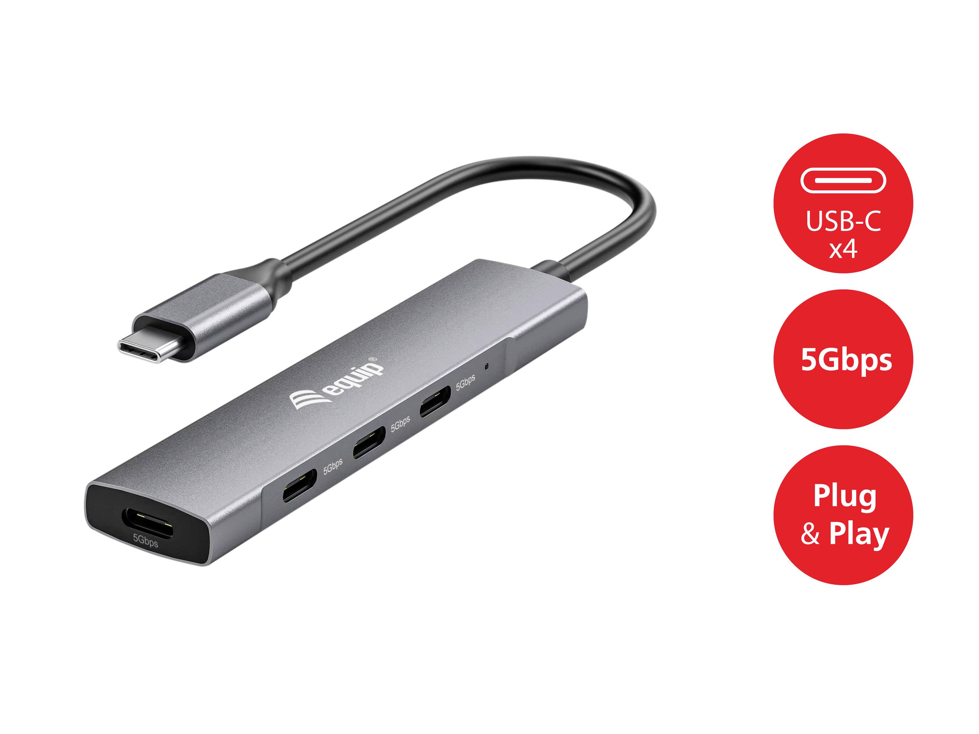Ein USB-C-Hub mit vier Anschlüssen und schwarzem Kabel. Text daneben: 'USB-C x4', '5Gbps', 'Plug & Play'.