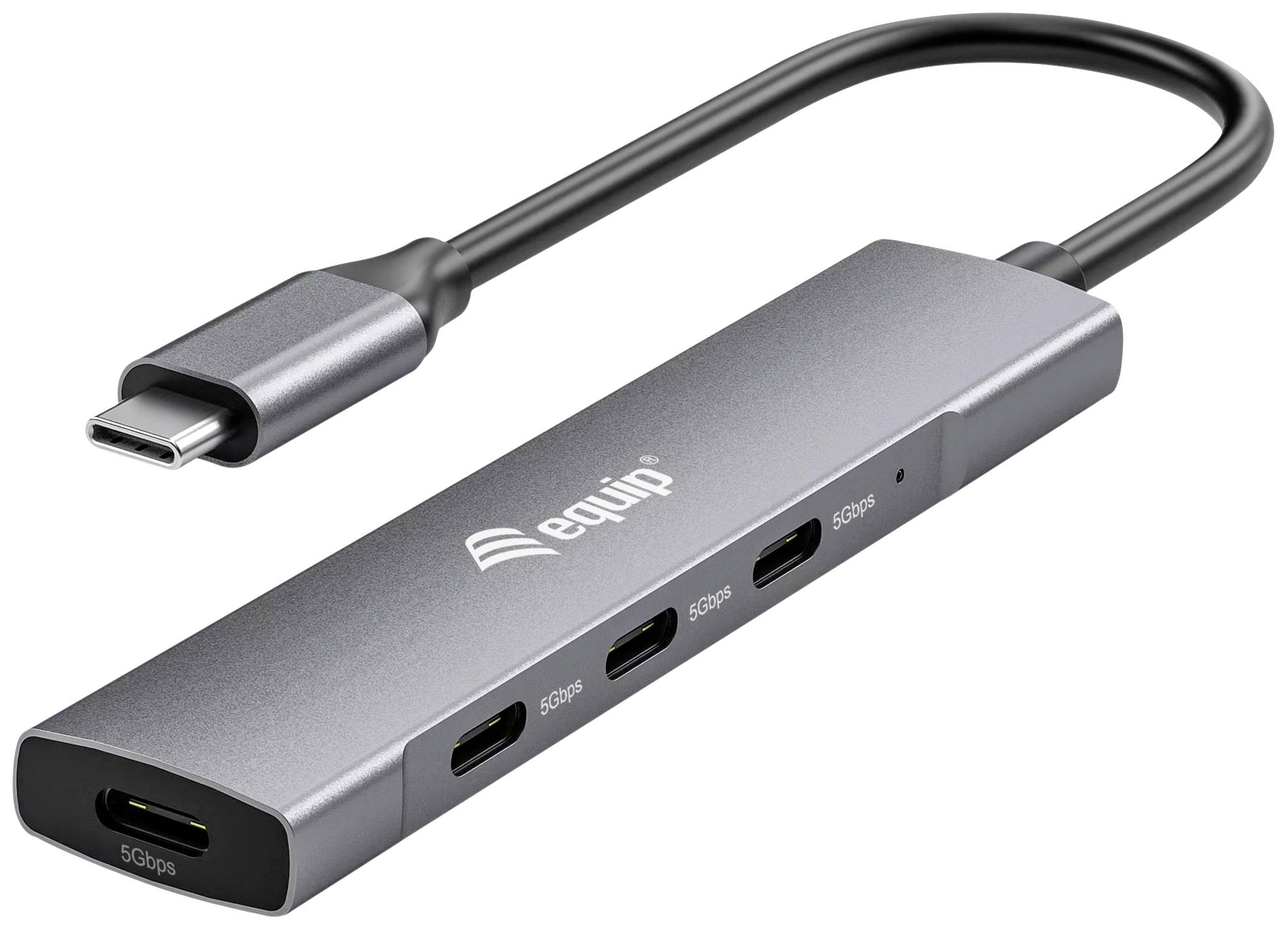 USB-C-Hub mit vier Ports für Datenübertragung, Metallgehäuse, anschließbar an ein Gerät mit USB-C-Anschluss, kompakt und tragbar.