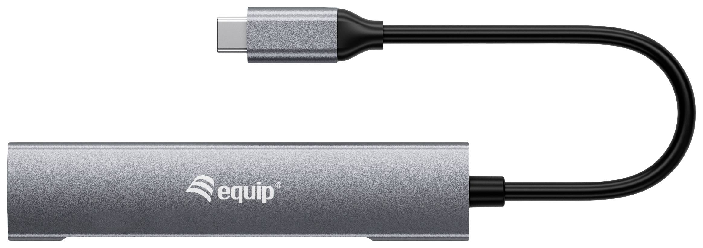 USB-C-Hub in Silber mit schwarzem Kabel, Markenlogo 'equip', ermöglicht Anschluss mehrerer Geräte an USB-C-Port.